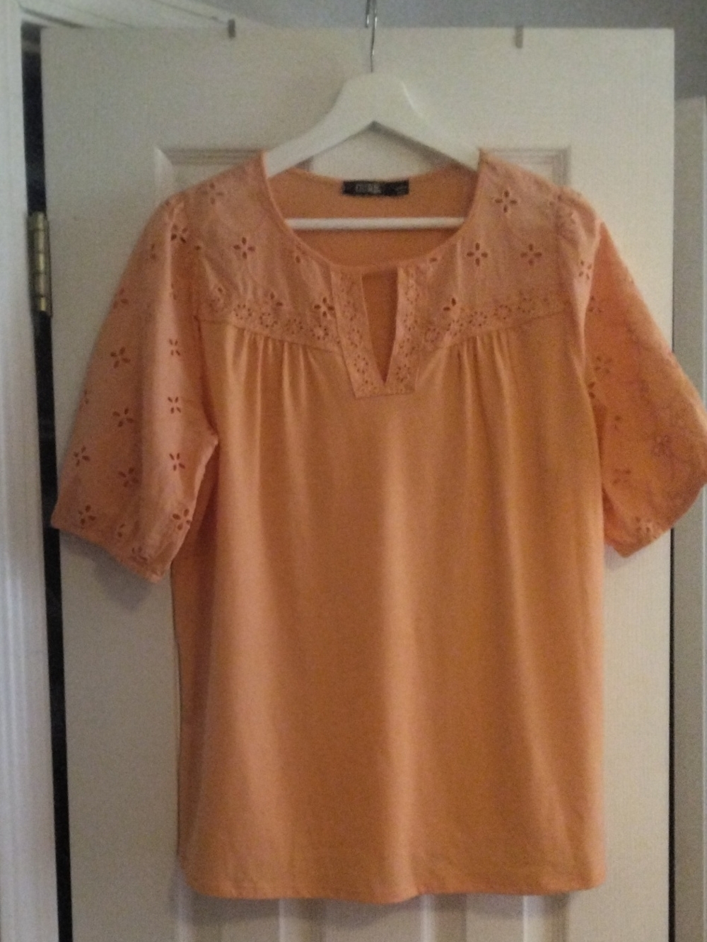 Cato Peach Eyelet Split-Neck Short Sleeve Top